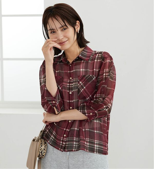 BELLUNA（ベルーナ）の「シフォン楊柳チェック柄プリントシャツ（シャツ）」｜詳細画像