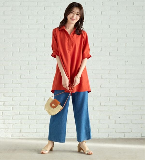 BELLUNA（ベルーナ）の「【接触冷感】麻調素材袖パール付シャツチュニック（チュニック）」｜詳細画像