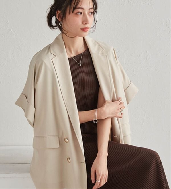 RANAN（ラナン）の「【体型カバー】さらり麻調ダブルボタンジャケット（テーラードジャケット）」｜詳細画像