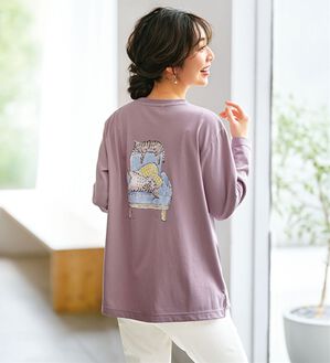 BELLUNA（ベルーナ）の「アーティストコラボ！ポケット付ネコプリントロンＴ（ハラミチヨ）（カットソー）」｜ローズグレー