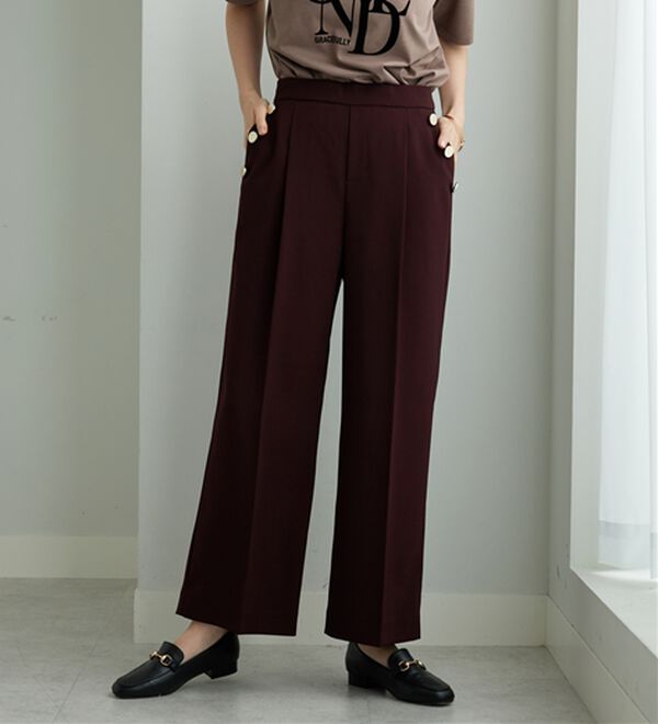 BELLUNA（ベルーナ）の「メランジストレッチ素材ワイドパンツ（ワイドパンツ・ガウチョ）」｜ボルドー