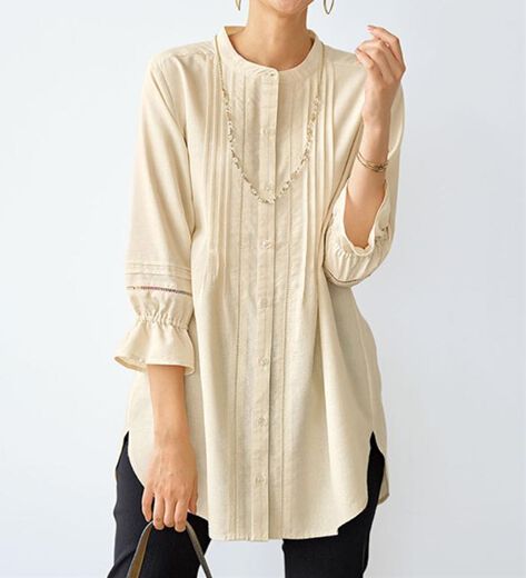 美品　コンジェペイエ　リネン混　レース付き　チュニック　7分袖 - コンジェペイエ 機能付リネン混レース使いシャツチュニック 新品未使用タグ付き ご愛用様お勧め Unblend│MONO