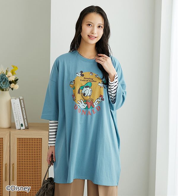 BELLUNA（ベルーナ）の「＜Ｄｉｓｎｅｙ＞【ドナルドダック】ビッグ7分袖プリントTシャツ（Tシャツ）」｜スカイブルー