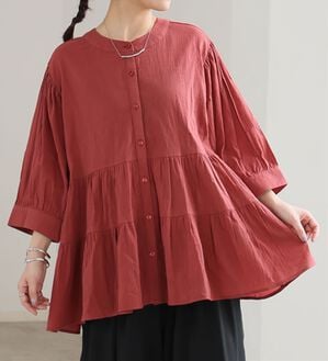 A HAPPY MARILYN（アハッピーマリリン）の「【Ｌ～６Ｌ】【風通るプレミアム】綿・楊柳七分袖ティアードブラウス（ブラウス）」｜オレンジ