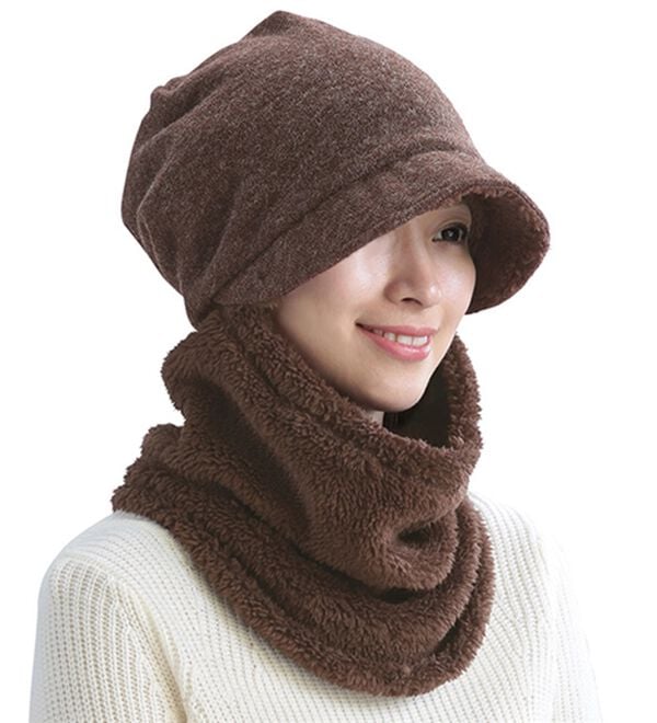 「顔まわりすっぽり！あったかキャスケット（帽子）」｜杢ブラウン