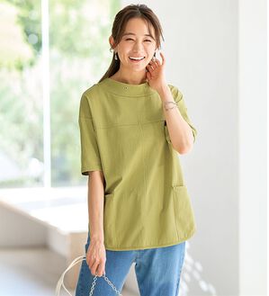 BELLUNA（ベルーナ）の「抗菌防臭綿１００％切替デザインプルオーバー（カットソー）」｜ライム