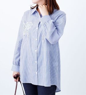 BELLUNA（ベルーナ）の「胸元刺しゅうシャツチュニック（チュニック）」｜ブルーストライプ