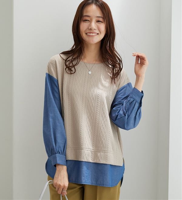 BELLUNA（ベルーナ）の「ケーブル&times;デニム切替チュニック（チュニック）」｜詳細画像