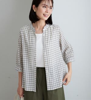 BELLUNA（ベルーナ）の「【お気軽シャツ】ぽこぽこ素材衿＆袖フリルデザインブラウス（ブラウス）」｜アイボリー系チェック