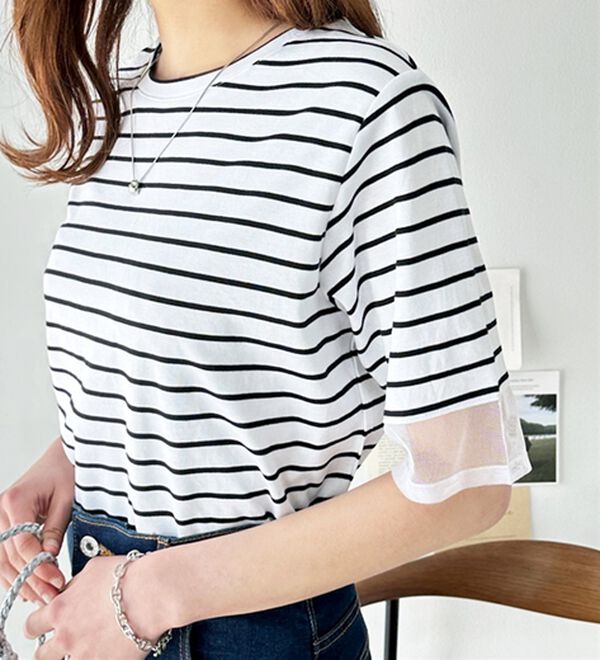 GeeRA（ジーラ）の「綿１００％袖シアー切替シルケットＴシャツ（Tシャツ）」｜詳細画像