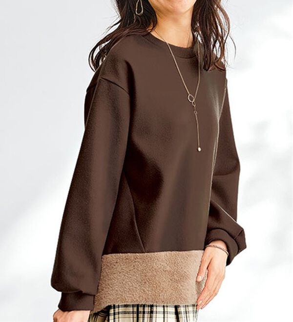 BELLUNA（ベルーナ）の「ラメ入りファー切替デザインプルオーバー（カットソー）」｜モカ系