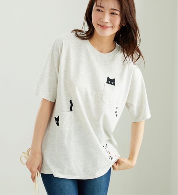 BELLUNA（ベルーナ）の「ネコ刺しゅうビッグプルオーバー（カットソー）」｜詳細画像
