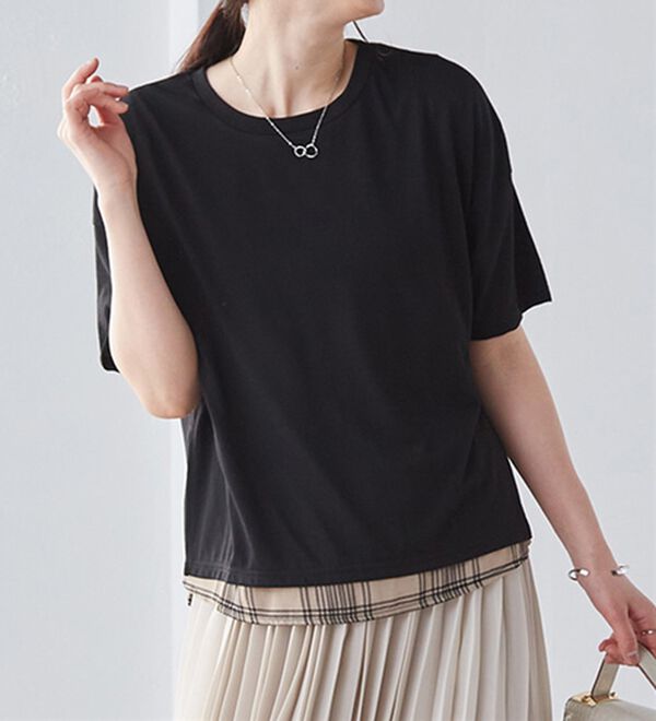 RANAN（ラナン）の「チェック柄異素材使いTシャツ（カットソー）」｜ブラック系(ベージュ)