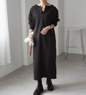 RANAN（ラナン）の「裏起毛ハーフジップワンピース（ロングワンピース）」｜ブラック