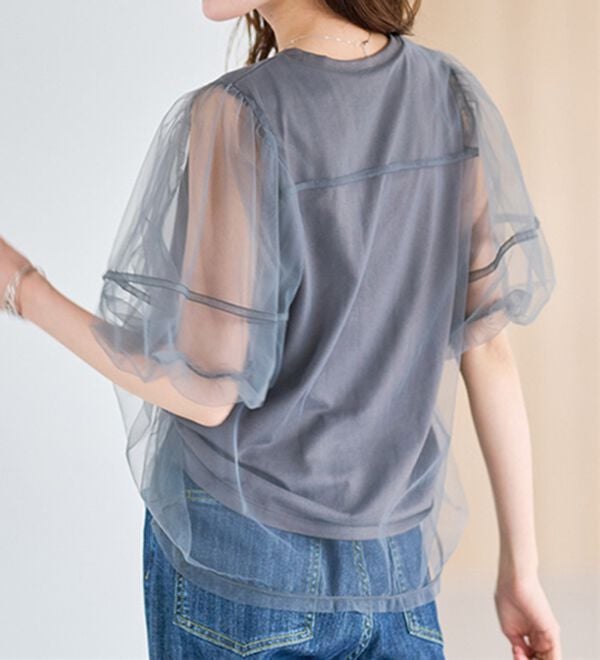 RANAN（ラナン）の「【ひんやり】チュールレイヤードパフスリーブTシャツ（カットソー）」｜詳細画像
