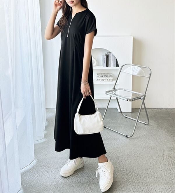 GeeRA（ジーラ）の「前後2WAYハーフジップフレンチ袖ワンピース（カットソーワンピース）」｜詳細画像