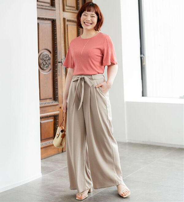 alotta（アロッタ）の「【４つの機能付】ひんやり共布リボン付ワイドパンツ（ワイドパンツ・ガウチョ）」｜詳細画像