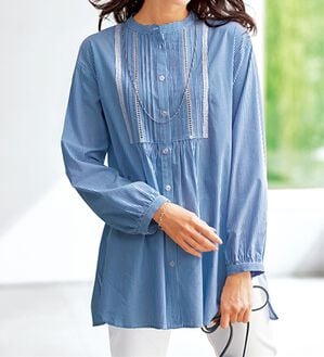 BELLUNA（ベルーナ）の「華やかレース&times;ピンタックシャツチュニック（チュニック）」｜ストライプ