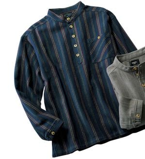 「ざっくり木綿のふんわり起毛シャツ（メンズシャツ）」｜ネイビーストライプ