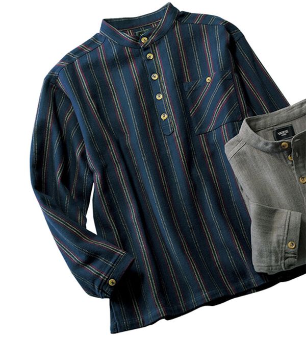 「ざっくり木綿のふんわり起毛シャツ（メンズシャツ）」｜ネイビーストライプ