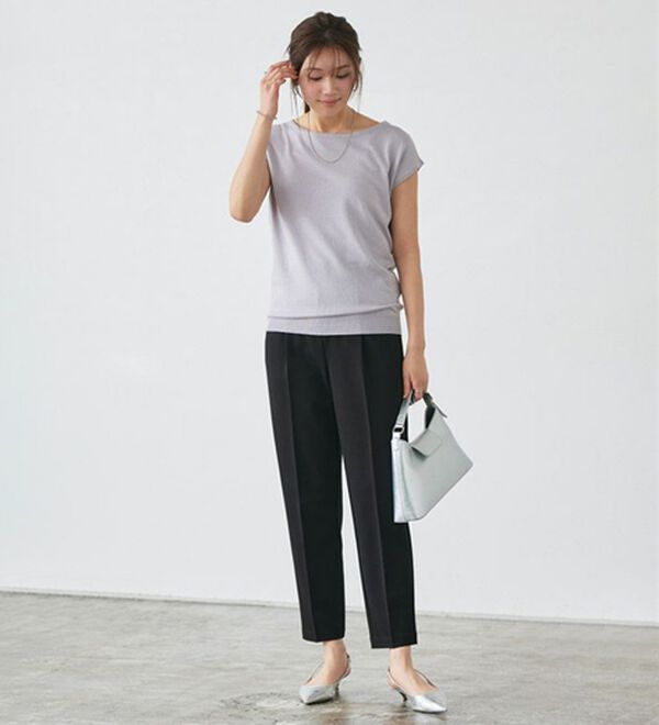 Pierrot（ピエロ）の「【選べる２ネック】シルクタッチフレンチスリーブニット（ニット・セーター）」｜詳細画像