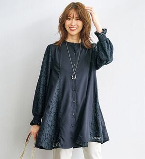 BELLUNA（ベルーナ）の「レース切替フレアーチュニック（チュニック）」｜ネイビー