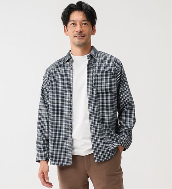 「シンプル＆プラス　フランネルチェックシャツ（メンズシャツ）」｜グリーンチェック(通常)