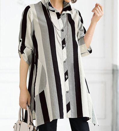 BELLUNA（ベルーナ）の「サッカー素材ストライプ柄シャツチュニック（シャツ）」