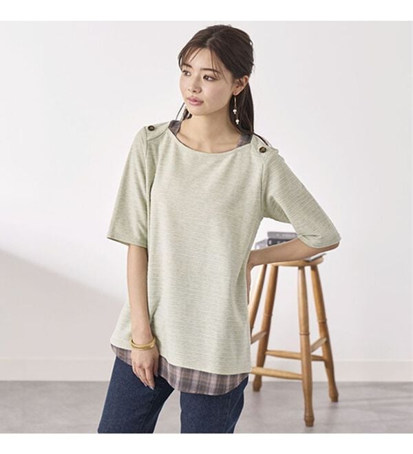 BELLUNA（ベルーナ）の「ひんやり冷感！タックジャカード素材重ね着風プルオーバー（カットソー）」｜詳細画像