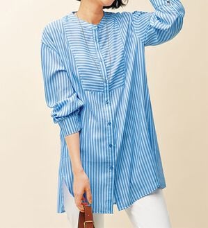BELLUNA（ベルーナ）の「お手入れ簡単！ストライプ切替シャツチュニック（チュニック）」｜詳細画像