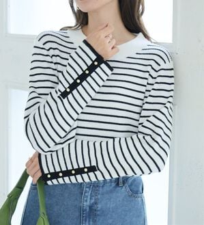 A HAPPY MARILYN（アハッピーマリリン）の「【Ｌ～８Ｌ】フィットしすぎない！もっちりリブ 配色美人着回し 袖ボタンニット（ニット・セーター）」｜ボーダ－×ブラック