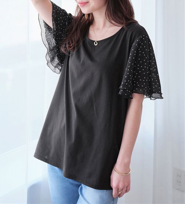 Viola e Viola（ヴィオラ エ ヴィオラ）の「【５つの機能付】袖シフォンゆるＴシャツ（Tシャツ）」｜詳細画像