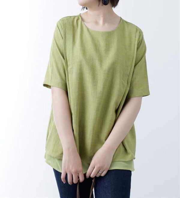 BELLUNA（ベルーナ）の「麻調素材シフォン重ねデザインブラウス（ブラウス）」｜イエロー