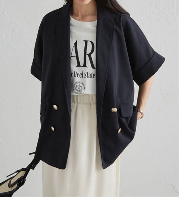 RANAN（ラナン）の「【新色追加】麻調ダブルボタンハーフスリーブジャケット（テーラードジャケット）」｜詳細画像