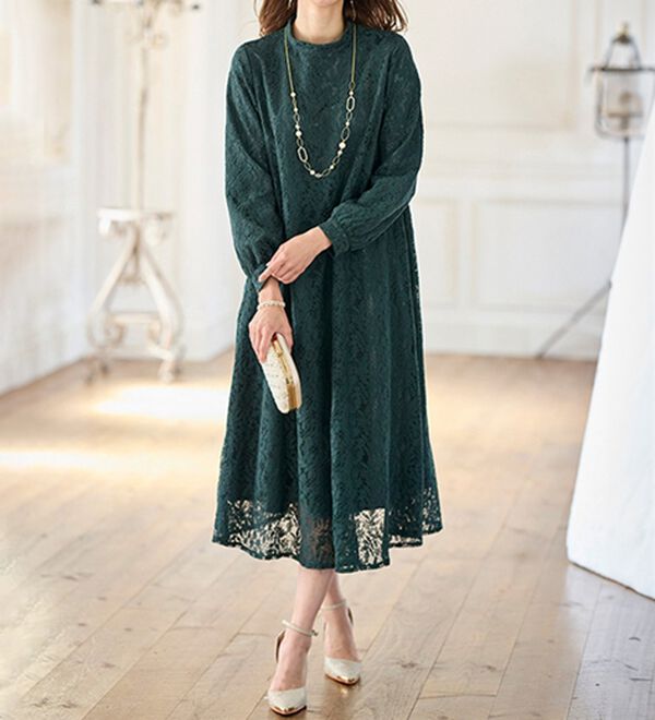 BELLUNA（ベルーナ）の「ハイネックデザインゆったりレースワンピース（ワンピースセットスーツ）」｜詳細画像