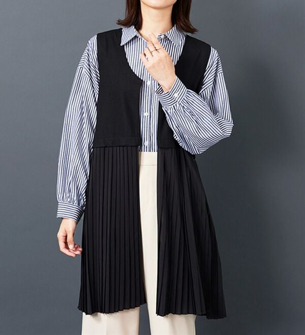 BELLUNA（ベルーナ）の「【Ｌａｇｒｉｌｕａ】異素材切替プリーツロングベスト（ジレ）」｜黒