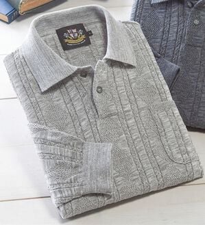 「＜ヘリンボーンクラブ＞日本製ダイヤ柄ニットポロシャツ（メンズポロシャツ）」｜グレー