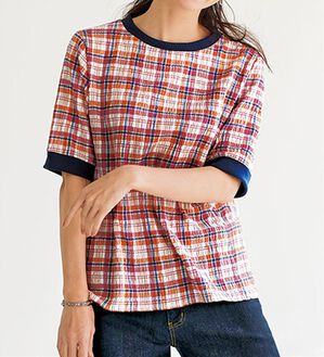 BELLUNA（ベルーナ）の「リブ付チェック柄涼感Ｔブラウス（ブラウス）」｜赤系チェック