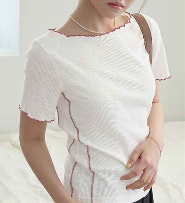 CHAN ME（チャンミ）の「配色ボートネックメロートップス（Tシャツ）」｜詳細画像
