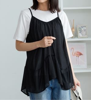 BELLUNA（ベルーナ）の「【2点セット】変形ギャザーデザインキャミアンサンブル（アンサンブル）」｜黒