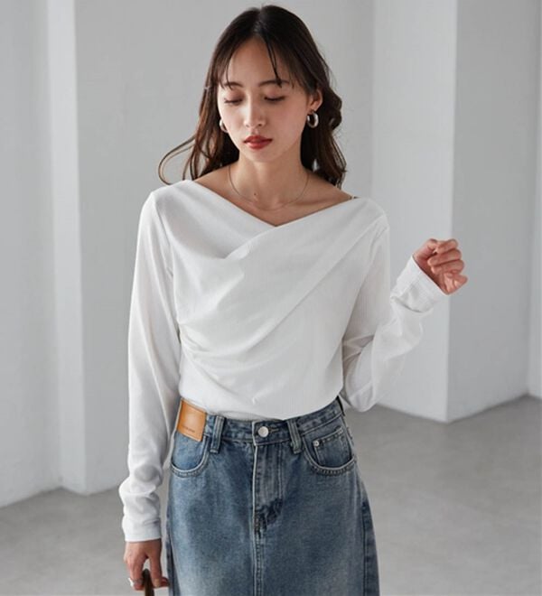 RANAN（ラナン）の「【春色追加】上品ドレープリブロングＴシャツ（カットソー）」｜詳細画像