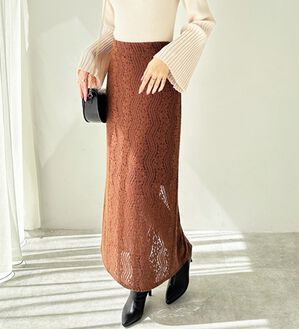 GeeRA（ジーラ）の「起毛レースタイトスカート（ロングスカート）」｜ブラウン