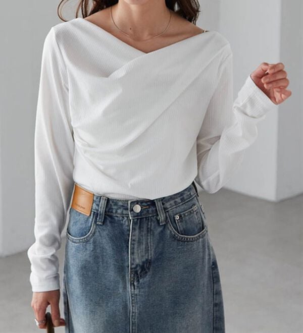 RANAN（ラナン）の「【春色追加】上品ドレープリブロングＴシャツ（カットソー）」｜詳細画像