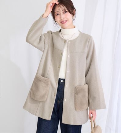 alotta（アロッタ）の「ファーポケット付き上品ノーカラーコート（ロングコート）」