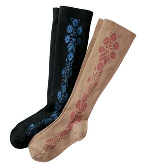 「【２足組】【日本製】おしゃれなフラワー着圧ハイソックス（靴下・ストッキング）」｜花ライン柄