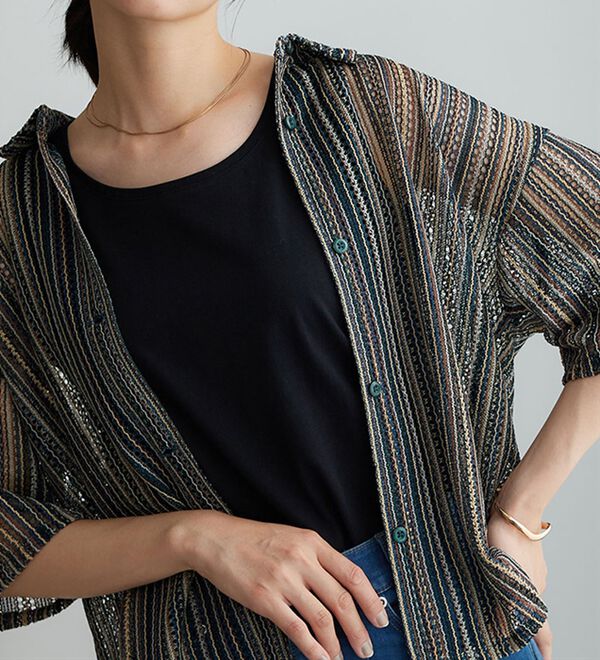 BELLUNA（ベルーナ）の「ラッセル素材マルチストライプシャツ（シャツ）」｜詳細画像