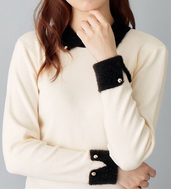 alotta（アロッタ）の「洗える！もっちりタッチ衿付フェザー切替配色ニット（ニット・セーター）」｜詳細画像