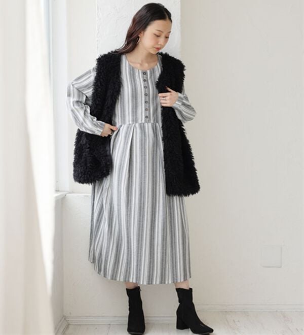 A HAPPY MARILYN（アハッピーマリリン）の「【Ｌ～６Ｌ】綿１００％さらりリラックス ゆったりシルエットのスッキリ柄 ストライプ マルチストライプコットンワンピ（ロングワンピース）」｜詳細画像