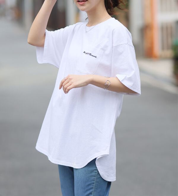 A HAPPY MARILYN（アハッピーマリリン）の「【Ｍ～８Ｌ】綿１００％！楽ちん裾ラウンドさらっと涼やかチュニック丈Ｔシャツ（Tシャツ）」｜詳細画像