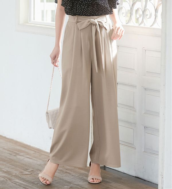 alotta（アロッタ）の「【４つの機能付】ひんやり共布リボン付ワイドパンツ（ワイドパンツ・ガウチョ）」｜詳細画像